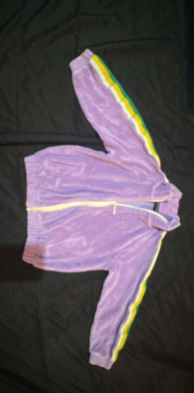 Mini Rodini Purple Velour Zip-Up Track Jacket with Striped Sleeves 6-7yrs girl